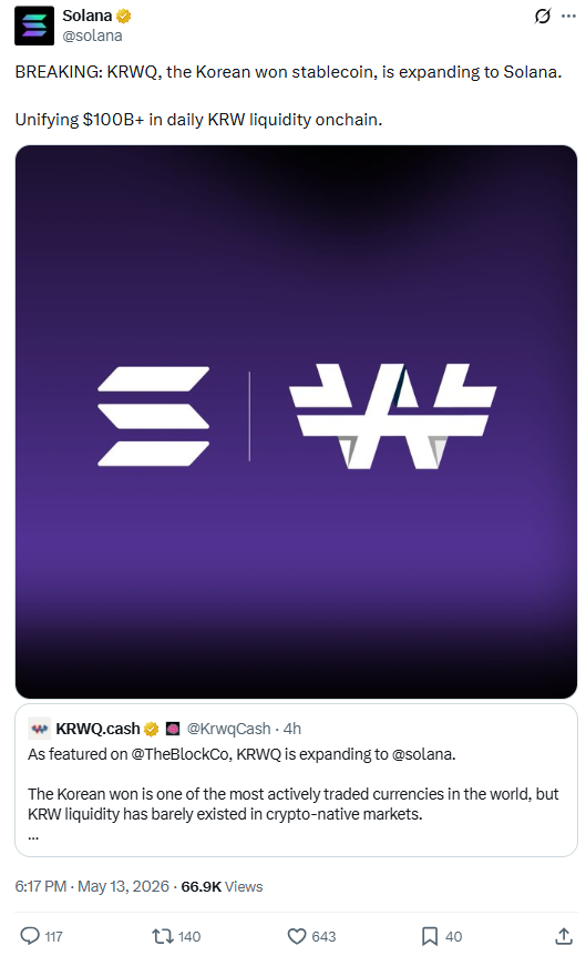La stablecoin KRWQ del won se suma a Solana y amplía usos en derivados
